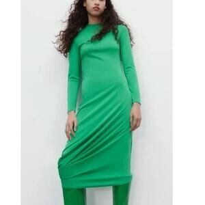 NWT ZARA Women's Green Long Sleeve Flowy Draped Dress Size L